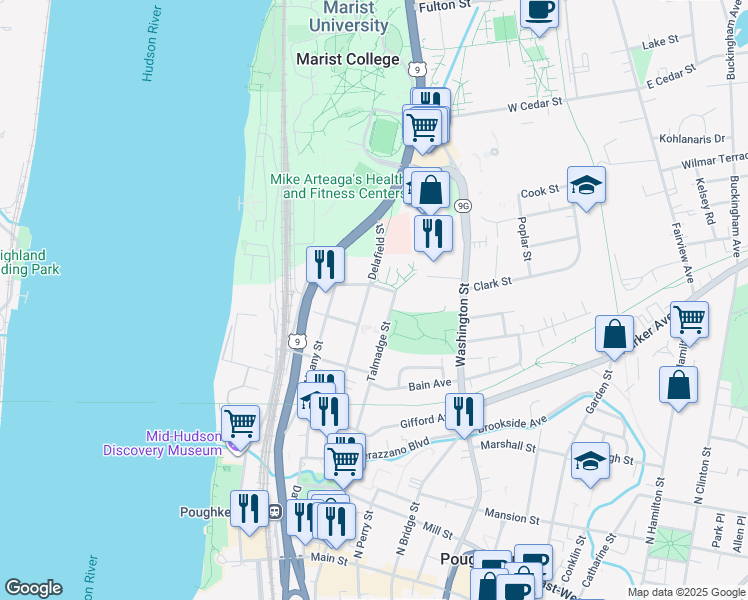 map of restaurants, bars, coffee shops, grocery stores, and more near 91 Delafield Street in Poughkeepsie