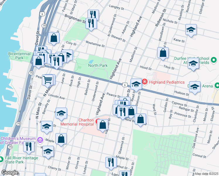 map of restaurants, bars, coffee shops, grocery stores, and more near 650 Pearce Street in Fall River