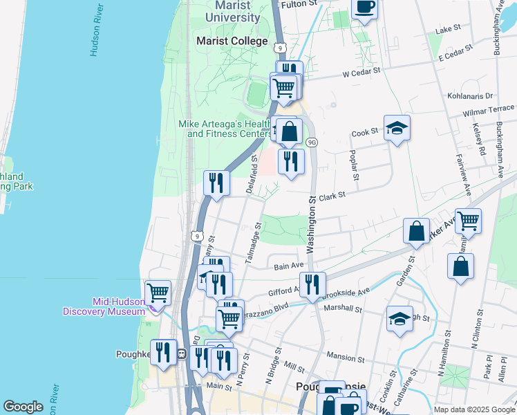 map of restaurants, bars, coffee shops, grocery stores, and more near 91 Delafield Street in Poughkeepsie
