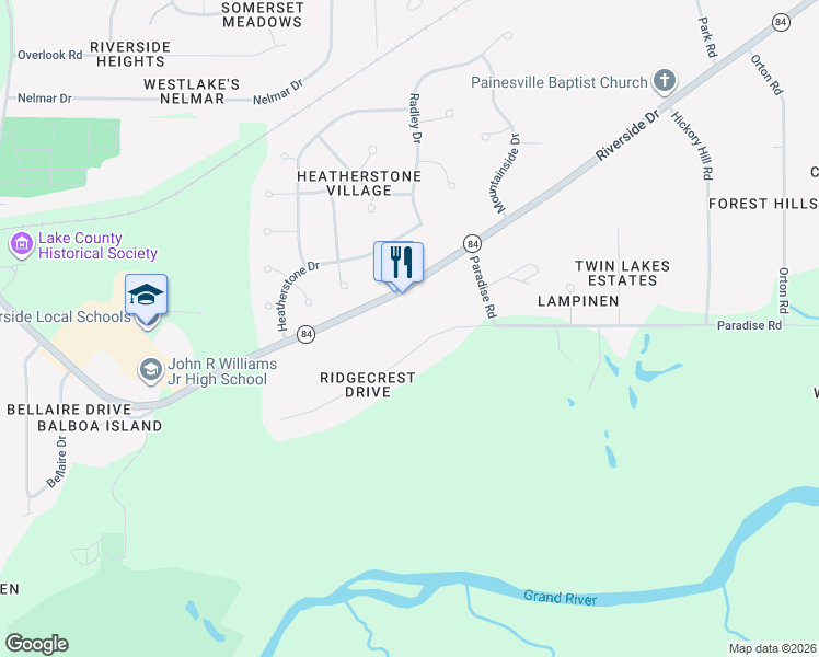 map of restaurants, bars, coffee shops, grocery stores, and more near 100 Ridgecrest Drive in Painesville
