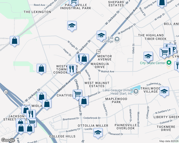 map of restaurants, bars, coffee shops, grocery stores, and more near 59 Nelson Street in Painesville