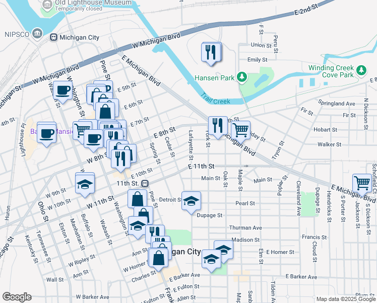 map of restaurants, bars, coffee shops, grocery stores, and more near 306 1/2 Lafayette Street in Michigan City
