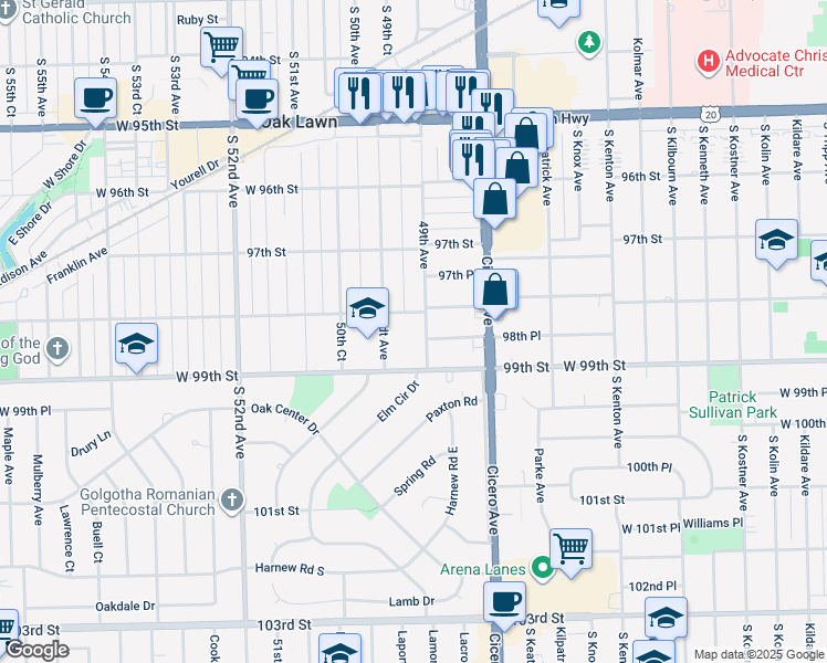 map of restaurants, bars, coffee shops, grocery stores, and more near 9821 Brandt Avenue in Oak Lawn