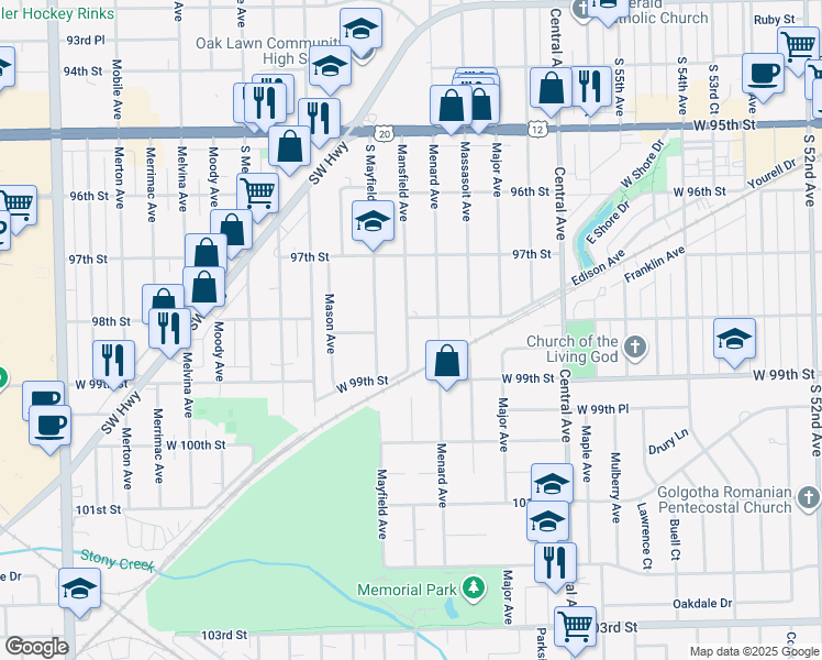 map of restaurants, bars, coffee shops, grocery stores, and more near 9816 Mansfield Avenue in Oak Lawn