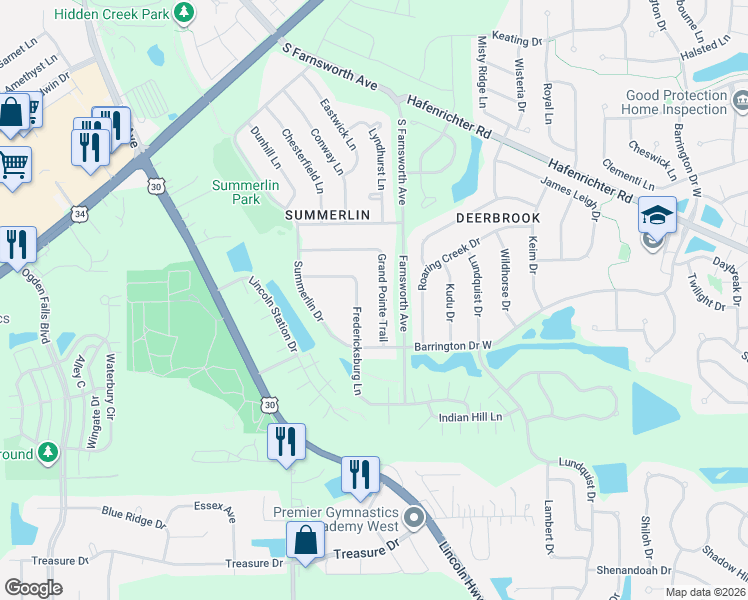 map of restaurants, bars, coffee shops, grocery stores, and more near 2269 Grand Pointe Trail in Aurora