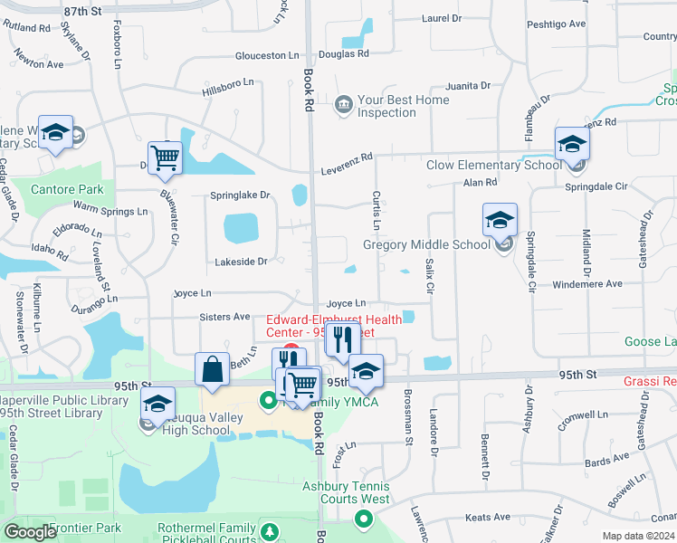 map of restaurants, bars, coffee shops, grocery stores, and more near 2640 Sutton Circle in Naperville