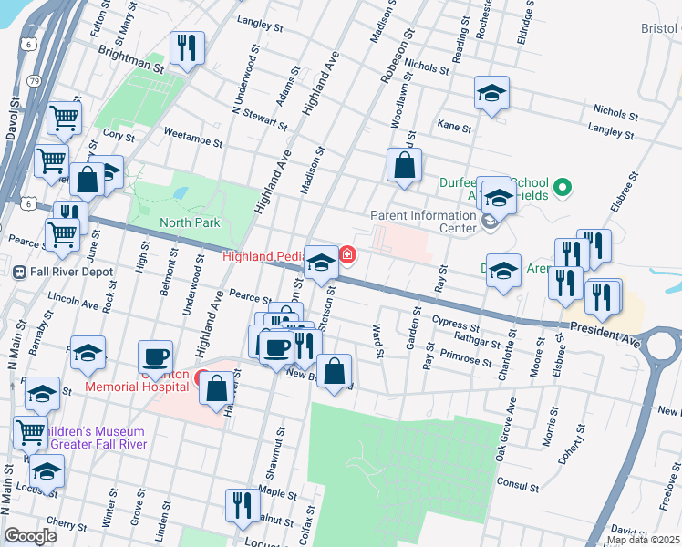 map of restaurants, bars, coffee shops, grocery stores, and more near 13 Washington Court in Fall River