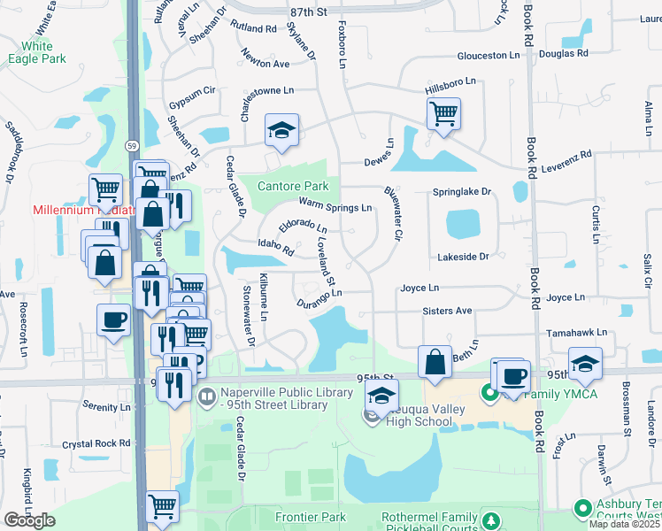 map of restaurants, bars, coffee shops, grocery stores, and more near 2812 Loveland Street in Naperville
