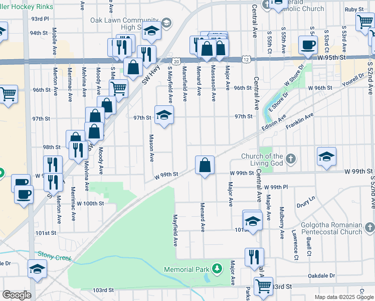 map of restaurants, bars, coffee shops, grocery stores, and more near 9816 Mansfield Avenue in Oak Lawn