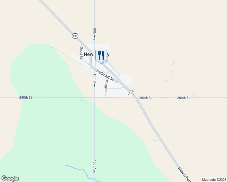map of restaurants, bars, coffee shops, grocery stores, and more near 1082-1302 280th St in New Liberty