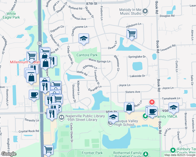 map of restaurants, bars, coffee shops, grocery stores, and more near 2812 Loveland Street in Naperville