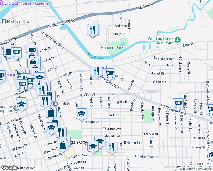 map of restaurants, bars, coffee shops, grocery stores, and more near 705 East 10th Street in Michigan City