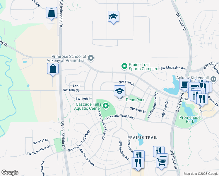 map of restaurants, bars, coffee shops, grocery stores, and more near 2216 Southwest 18th Street in Ankeny