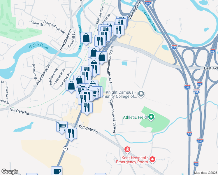 map of restaurants, bars, coffee shops, grocery stores, and more near 1b College Park Court in Warwick
