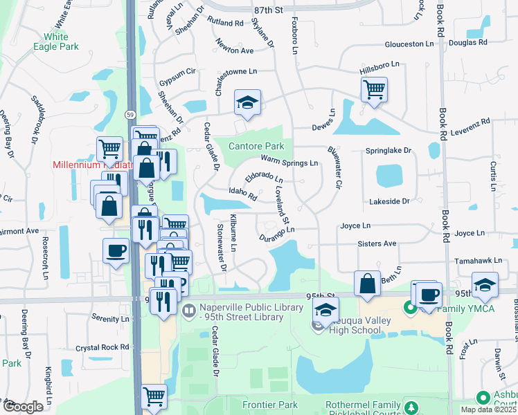 map of restaurants, bars, coffee shops, grocery stores, and more near 208 Kilburne Lane in Naperville
