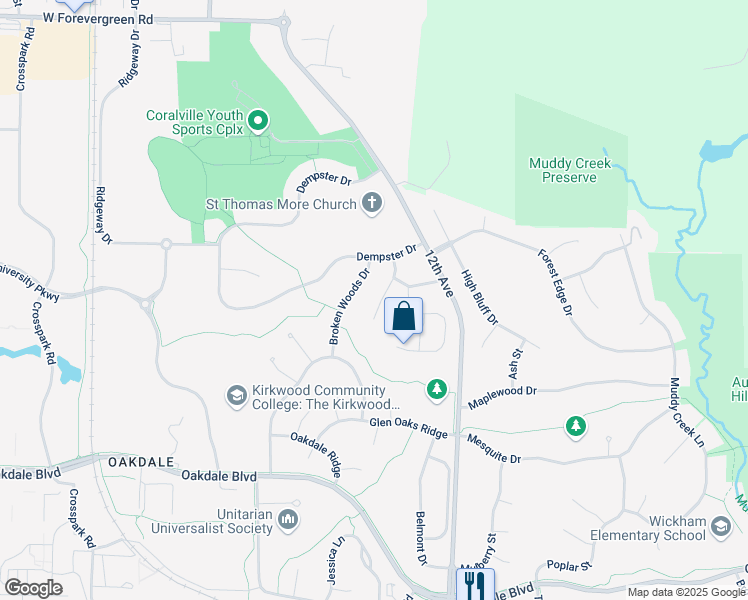 map of restaurants, bars, coffee shops, grocery stores, and more near 2965 Broken Woods Drive in Coralville