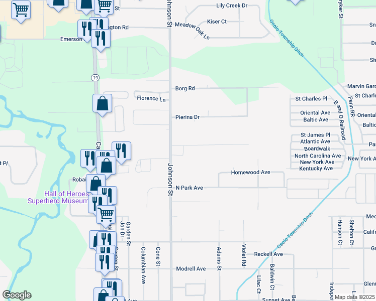 map of restaurants, bars, coffee shops, grocery stores, and more near 53706 Co Road 9 in Elkhart