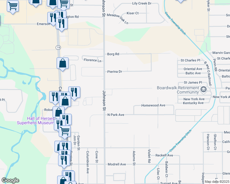 map of restaurants, bars, coffee shops, grocery stores, and more near 53706 Co Road 9 in Elkhart