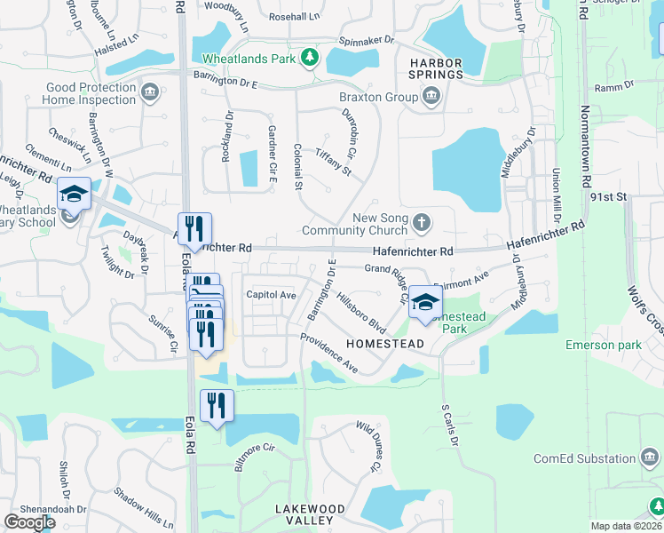 map of restaurants, bars, coffee shops, grocery stores, and more near Barrington Dr E & Grand Ridge Cir in Aurora