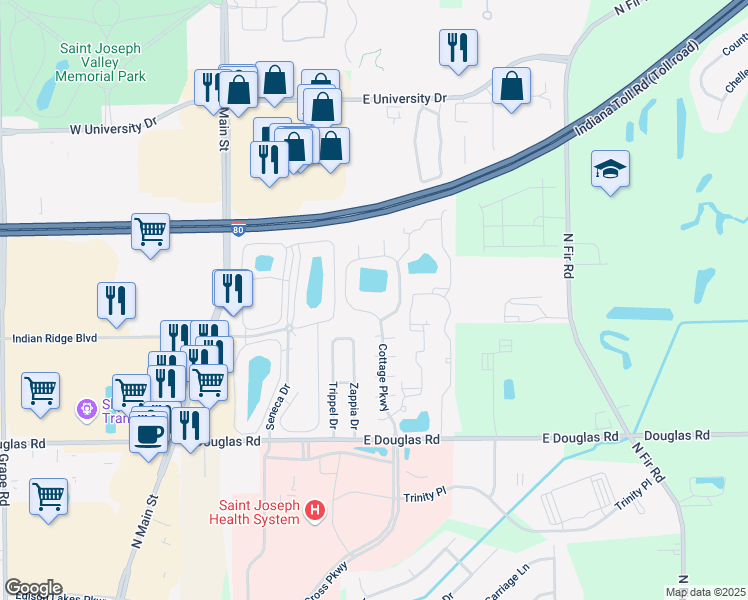 map of restaurants, bars, coffee shops, grocery stores, and more near 5829 Cottage Circle in Mishawaka