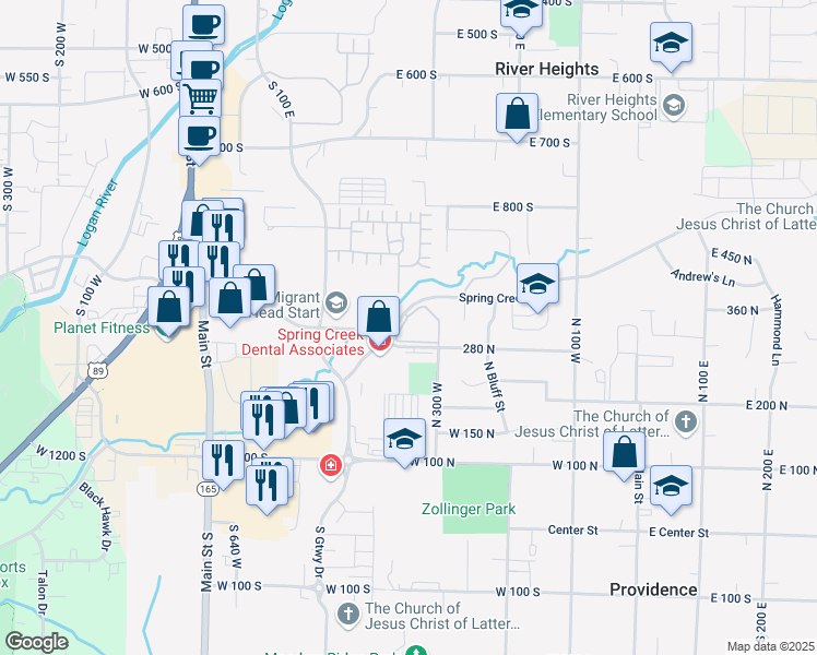 map of restaurants, bars, coffee shops, grocery stores, and more near 312 Spring Creek Parkway in Providence