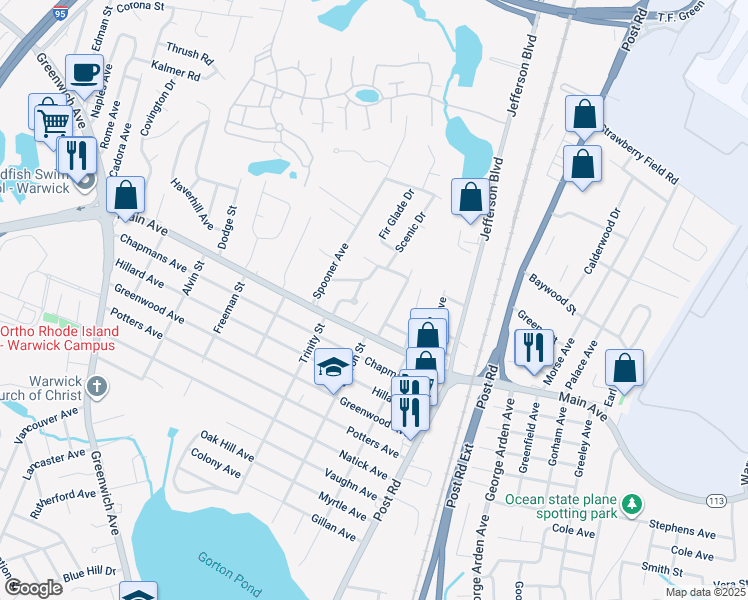 map of restaurants, bars, coffee shops, grocery stores, and more near 879 Main Avenue in Warwick