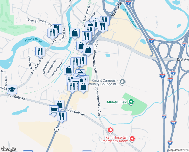 map of restaurants, bars, coffee shops, grocery stores, and more near 1b College Park Court in Warwick