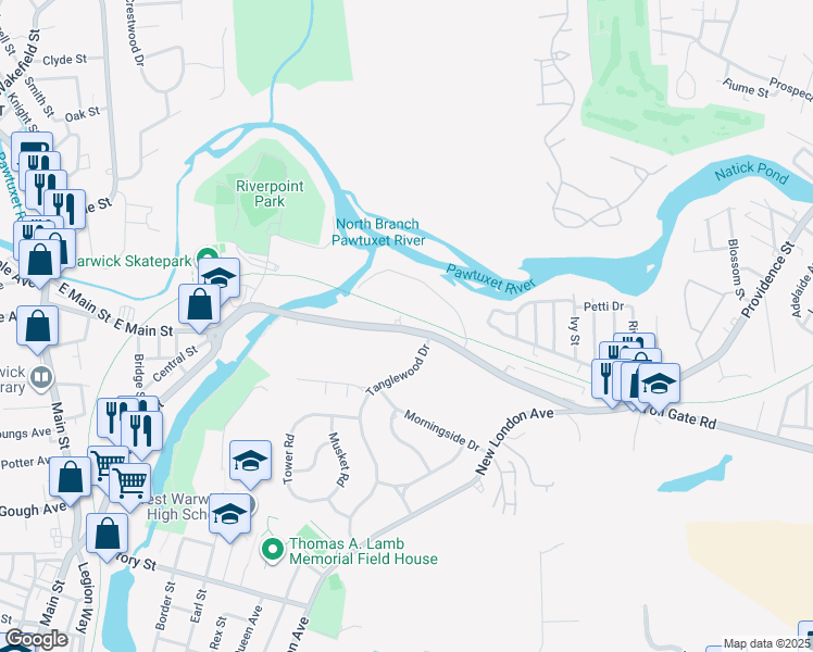 map of restaurants, bars, coffee shops, grocery stores, and more near 233 Providence Street in West Warwick