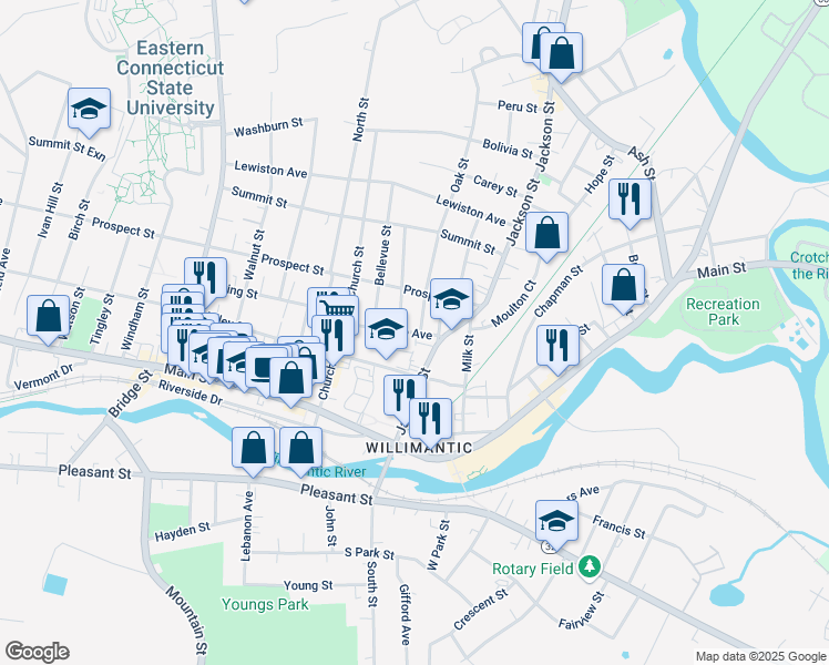 map of restaurants, bars, coffee shops, grocery stores, and more near 100 Jackson Street in Windham