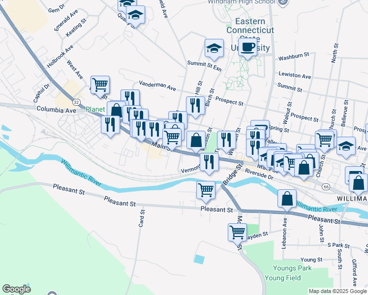 map of restaurants, bars, coffee shops, grocery stores, and more near 1158 Main Street in Windham