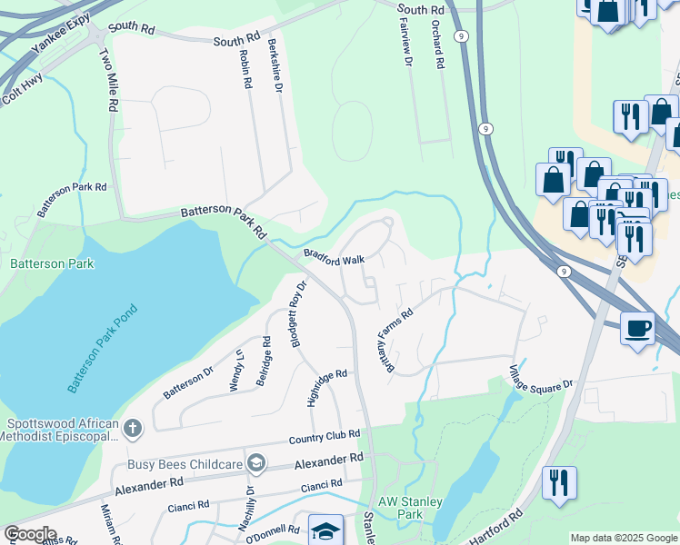 map of restaurants, bars, coffee shops, grocery stores, and more near 156 Bradford Walk in New Britain