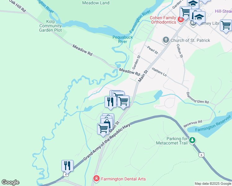 map of restaurants, bars, coffee shops, grocery stores, and more near 23 Tunxis Street in Farmington
