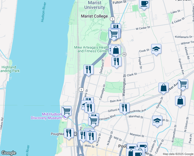 map of restaurants, bars, coffee shops, grocery stores, and more near 91 Delafield Street in Poughkeepsie