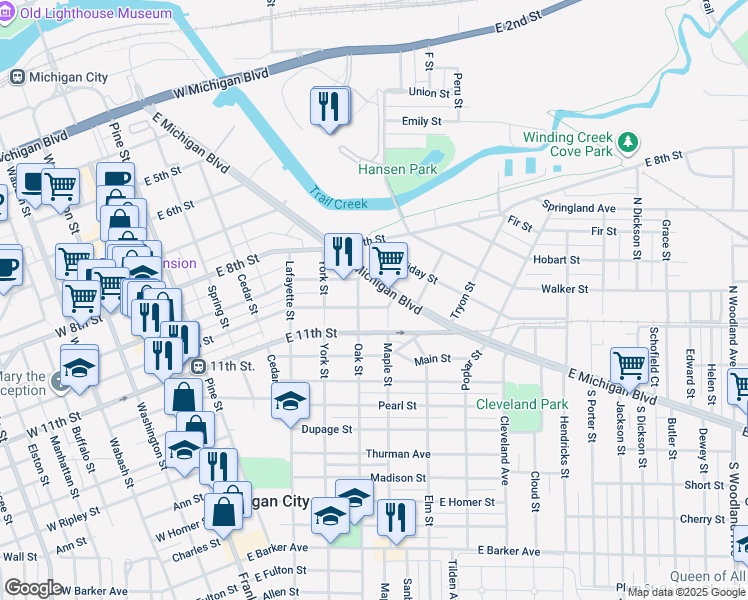 map of restaurants, bars, coffee shops, grocery stores, and more near 705 East 10th Street in Michigan City