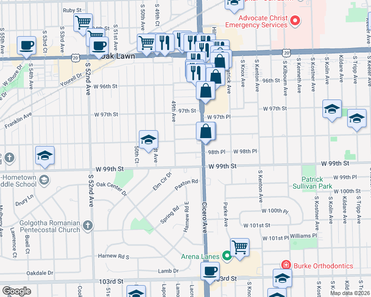 map of restaurants, bars, coffee shops, grocery stores, and more near 4843 98th Place in Oak Lawn