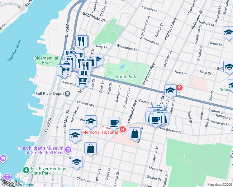 map of restaurants, bars, coffee shops, grocery stores, and more near 318 Belmont Street in Fall River