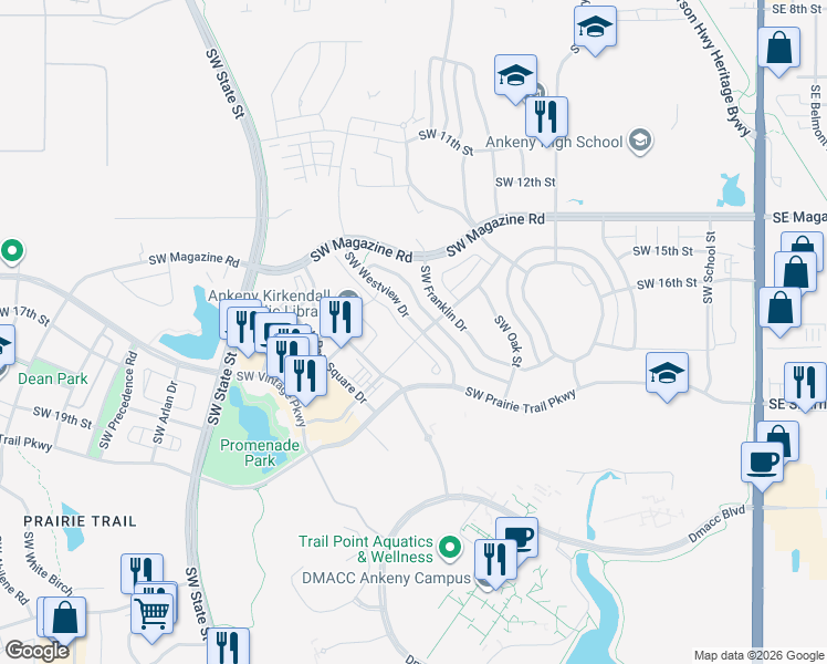 map of restaurants, bars, coffee shops, grocery stores, and more near 1709 Southwest Westview Drive in Ankeny
