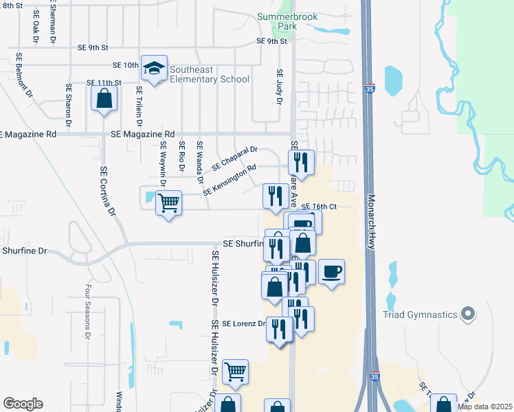map of restaurants, bars, coffee shops, grocery stores, and more near 1638 Southeast Delaware Avenue in Ankeny