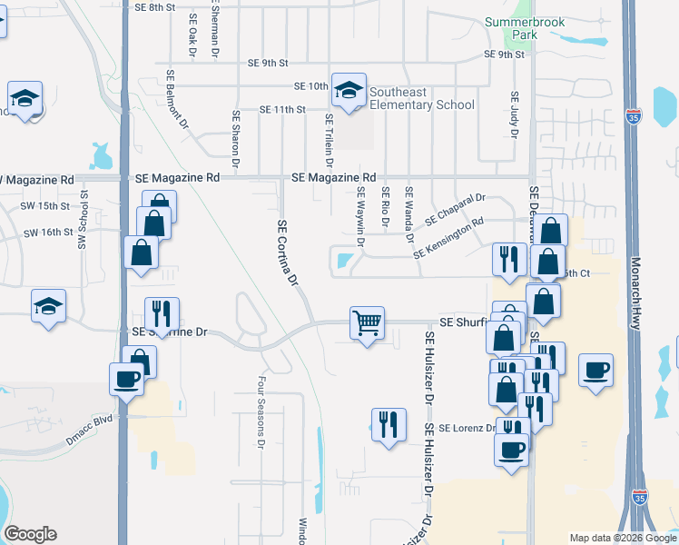 map of restaurants, bars, coffee shops, grocery stores, and more near 725 Southeast Ponds Edge Circle in Ankeny