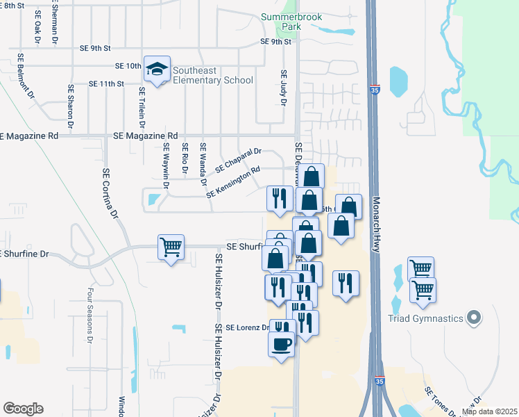 map of restaurants, bars, coffee shops, grocery stores, and more near 1638 Southeast Delaware Avenue in Ankeny