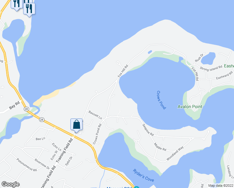 map of restaurants, bars, coffee shops, grocery stores, and more near 204 Crows Pond Road in Chatham