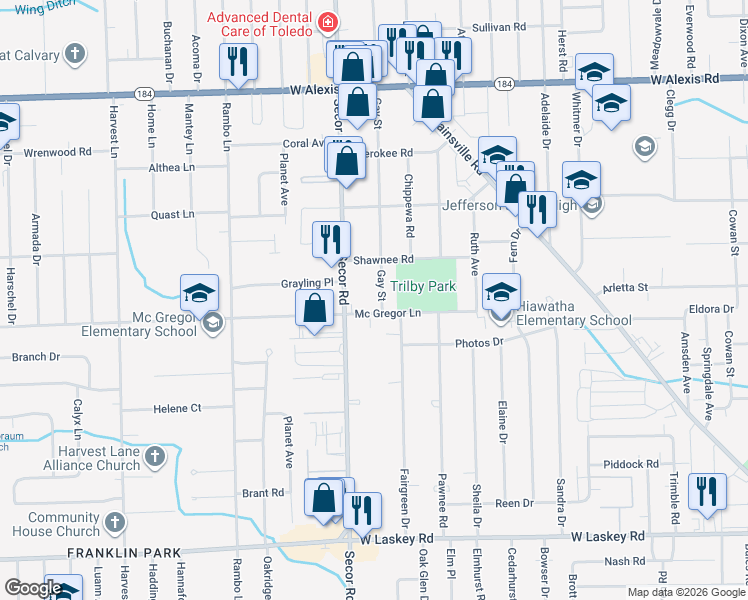 map of restaurants, bars, coffee shops, grocery stores, and more near 5355 Fairgreen Drive in Toledo