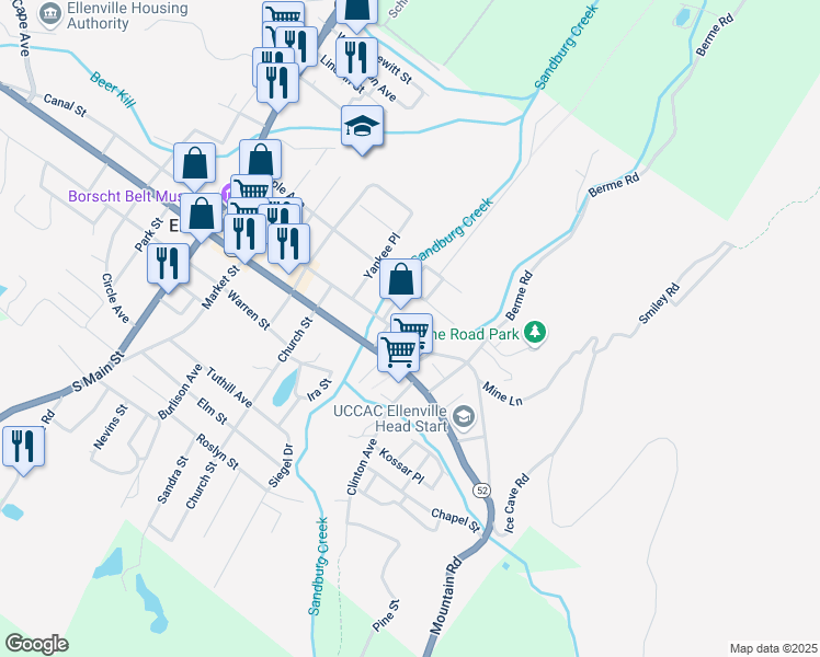 map of restaurants, bars, coffee shops, grocery stores, and more near 9 Towpath Lane in Ellenville