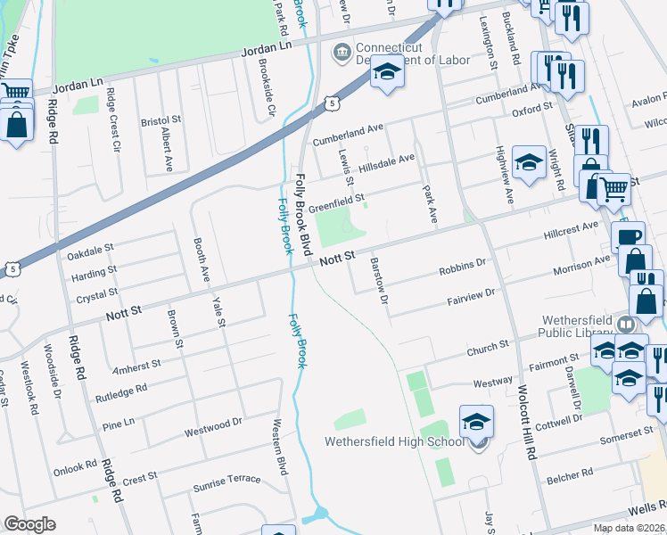 map of restaurants, bars, coffee shops, grocery stores, and more near 23 Heather Drive in Wethersfield