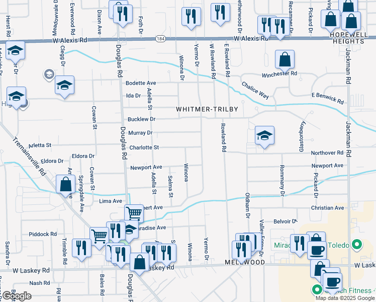 map of restaurants, bars, coffee shops, grocery stores, and more near 5367 Winona Drive in Toledo