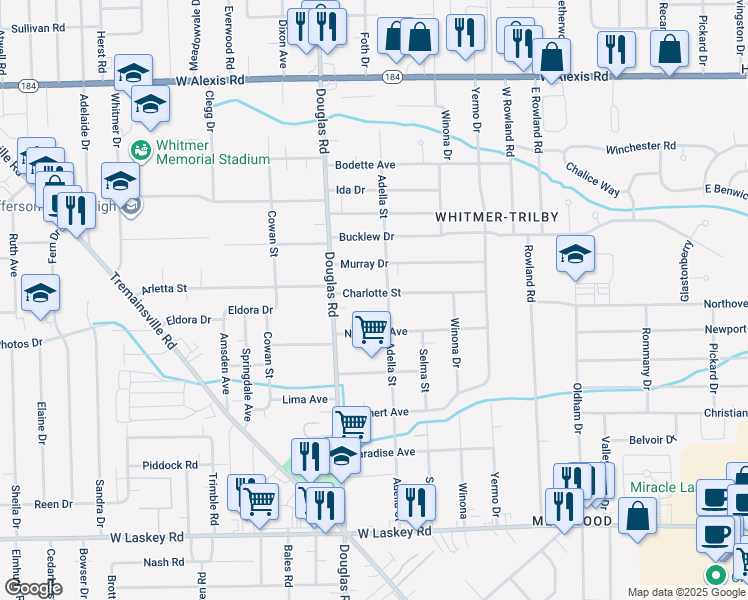 map of restaurants, bars, coffee shops, grocery stores, and more near 2411 Charlotte Street in Toledo