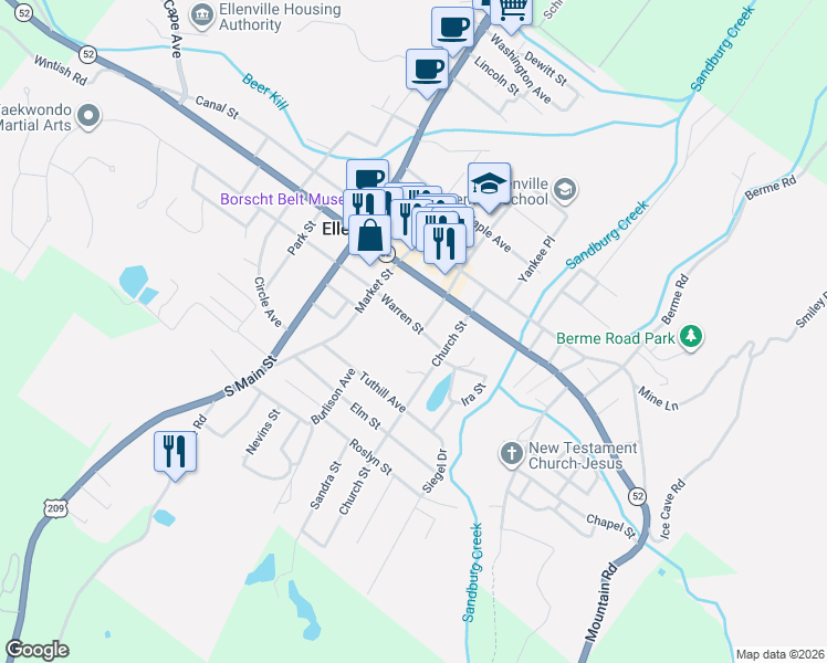 map of restaurants, bars, coffee shops, grocery stores, and more near 55 Warren St in Ellenville