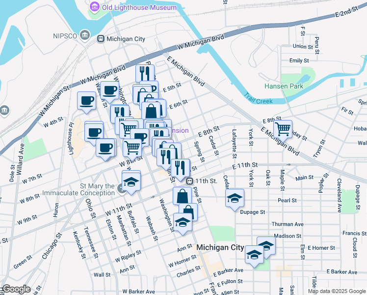 map of restaurants, bars, coffee shops, grocery stores, and more near 832 Pine Street in Michigan City
