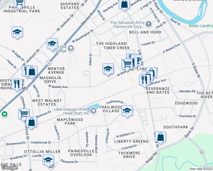 map of restaurants, bars, coffee shops, grocery stores, and more near 259 West Walnut Avenue in Painesville