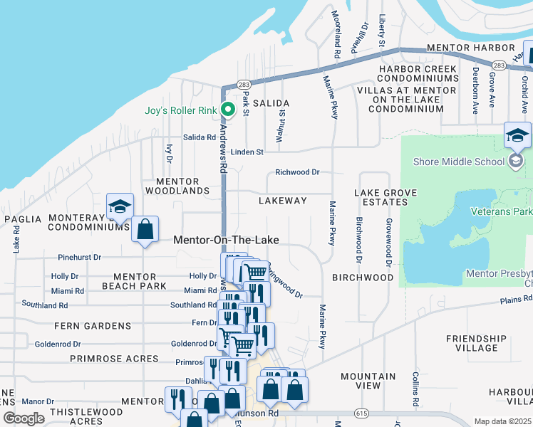 map of restaurants, bars, coffee shops, grocery stores, and more near 5793 Springwood Court in Mentor-on-the-Lake